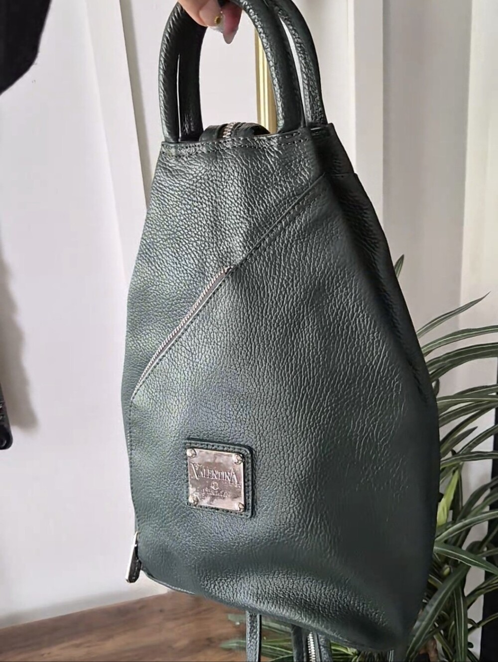 Valentina Italia Bag Convertible Dark Green Pebbled Leather Backpack Purse